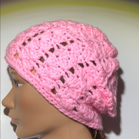 Pink winter beanie hat hand crochet adult or teen - Picture 3 of 5